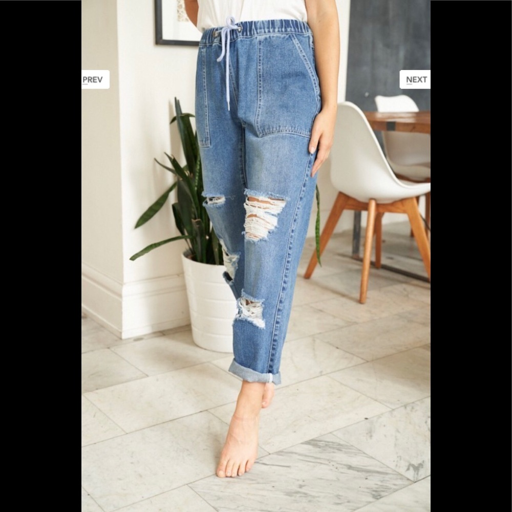 White Birch Straight Leg Denim Pants With Elastic Waist and Drawstring Size Med